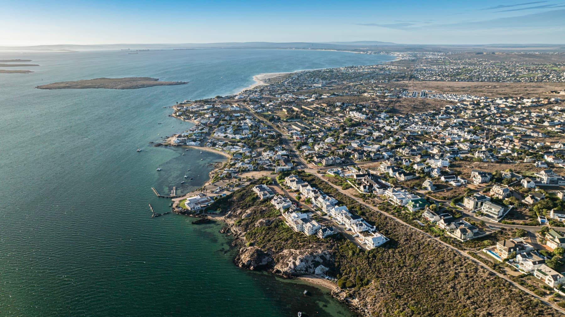 Aerial view of Langebaan town along the lagoon shoreline