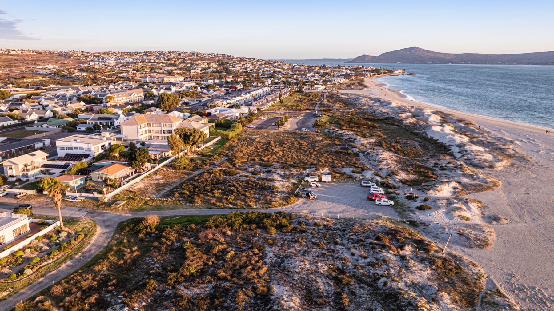 Aerial view of beach dunes and the Langebaan esplanade