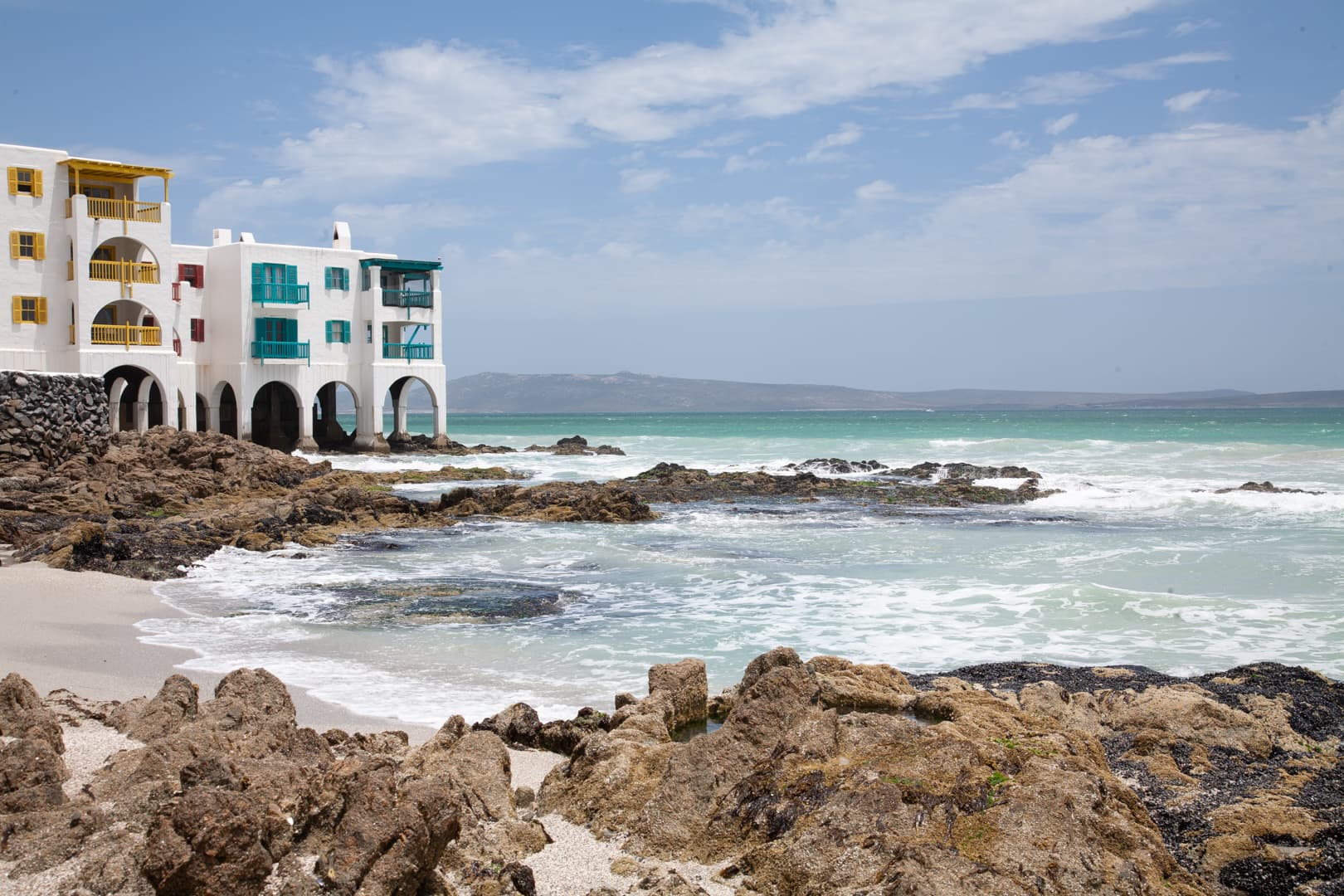 Mykonos-style beachfront buildings on the Langebaan coastline