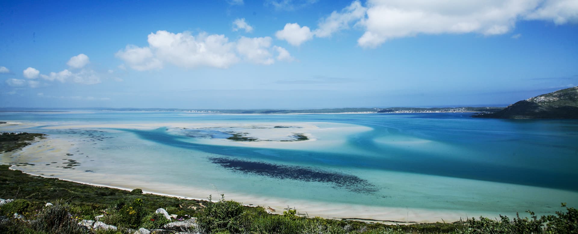 Aerial view of Langebaan Lagoon — turquoise waters and white sand beaches
